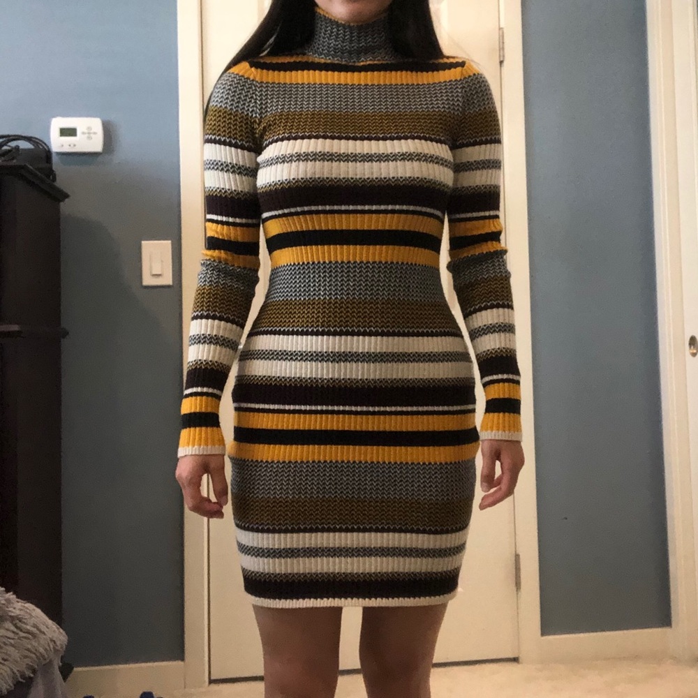 Multicolor Striped Turtleneck Sweater Dress, S